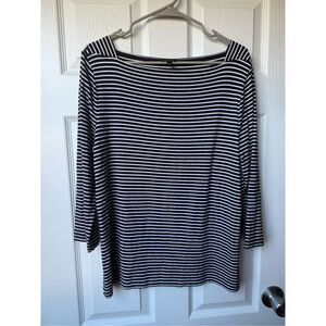 Talbots Blouse Large Women's Navy White Square Neck Long Sleeve Nautical Basic